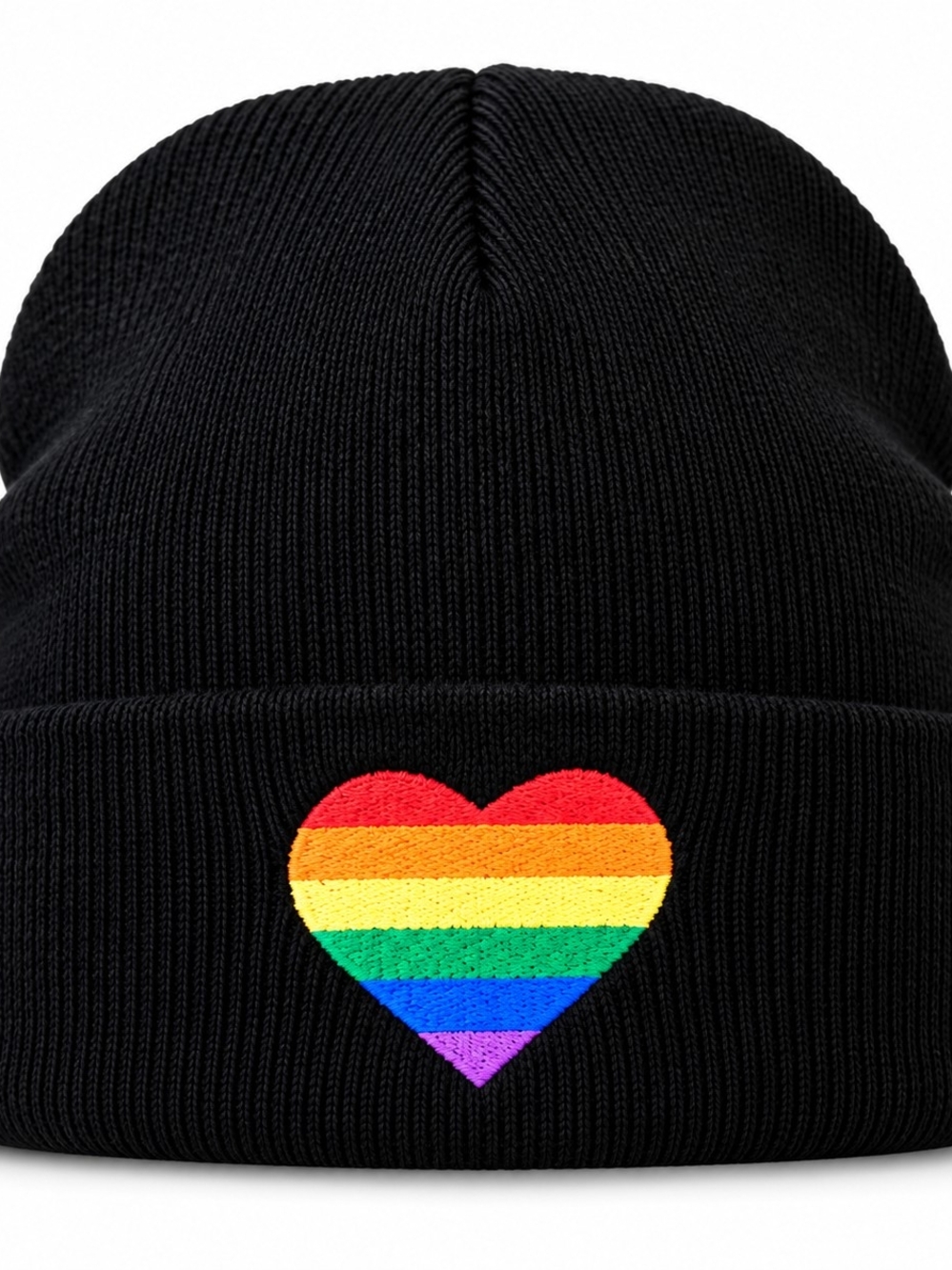 Beanie Knit with Rainbow Heart Embroidery